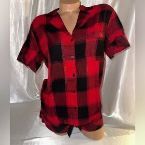 Victorias Secret Flannel Pajama Set Plaid Short Sleeve Top Shorts & Hair Tie